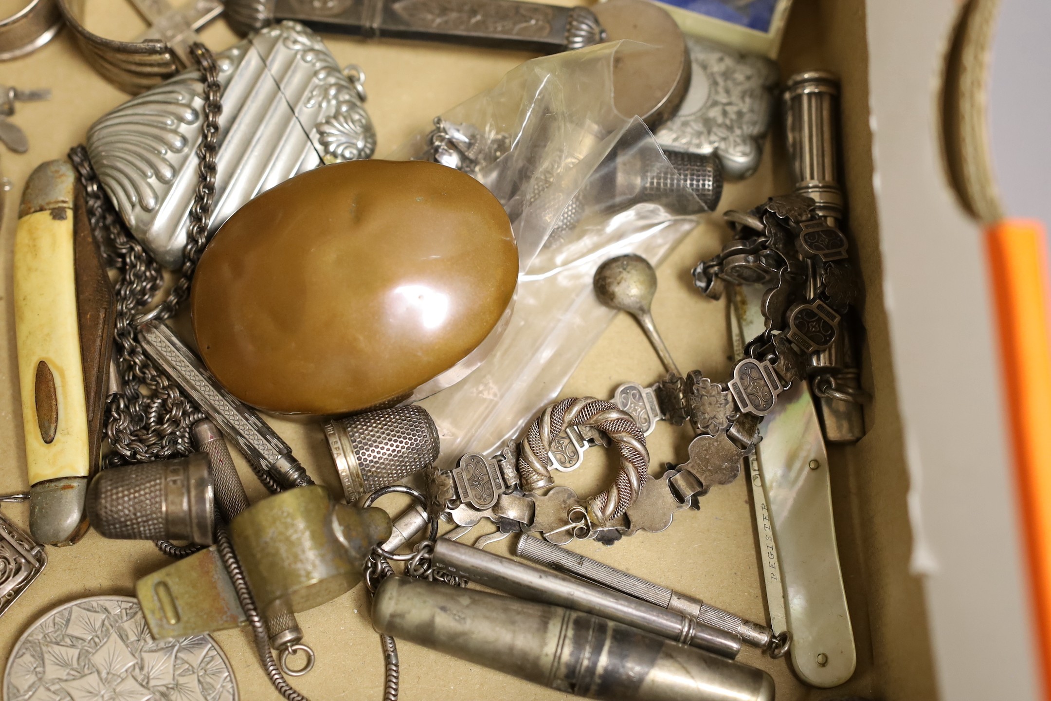 A group of assorted silver and base metal costume jewellery, boxes and miscellanea